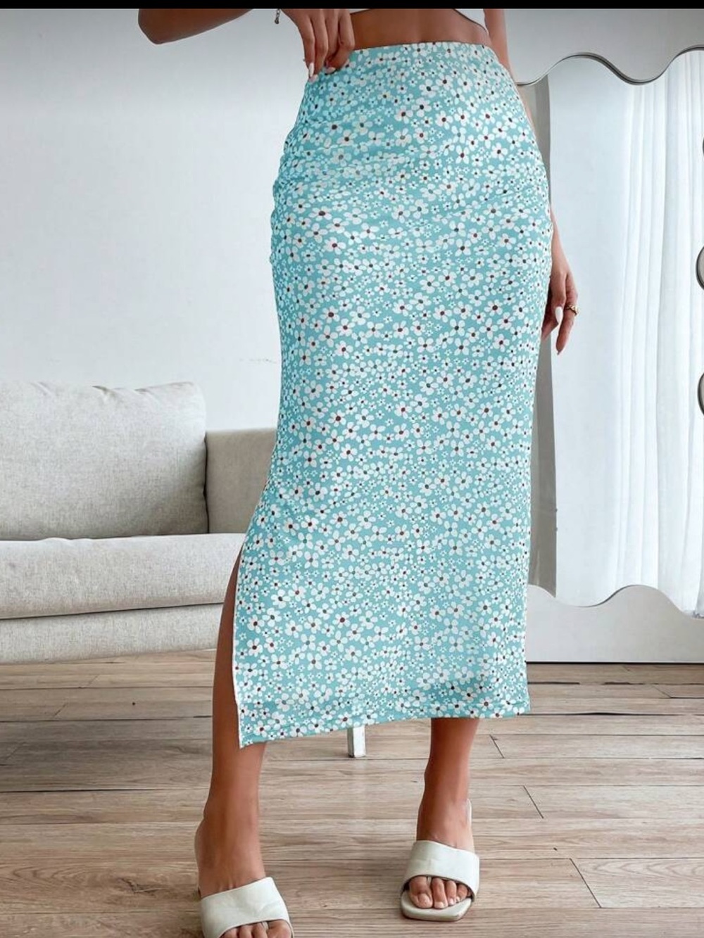 Blue Floral Midi Skirt